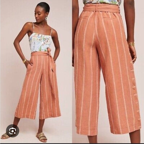 Anthropologie striped wide leg elastic waist Portia linen terracotta pants - Picture 1 of 6